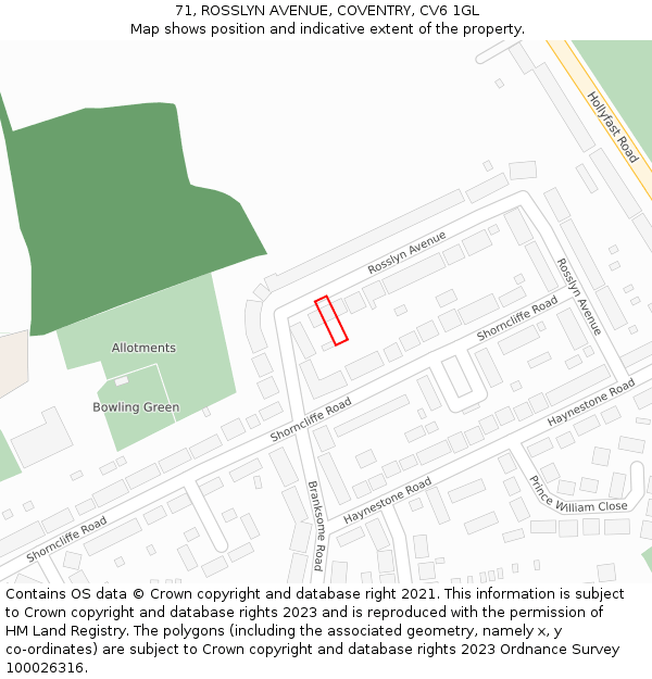 71, ROSSLYN AVENUE, COVENTRY, CV6 1GL: Location map and indicative extent of plot