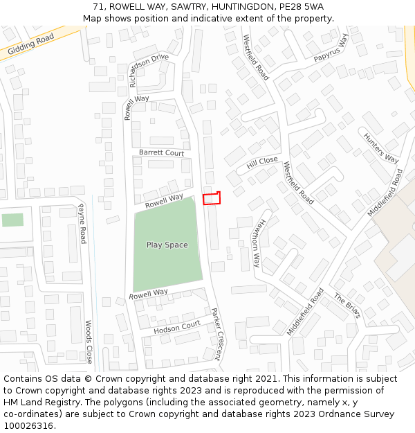 71, ROWELL WAY, SAWTRY, HUNTINGDON, PE28 5WA: Location map and indicative extent of plot