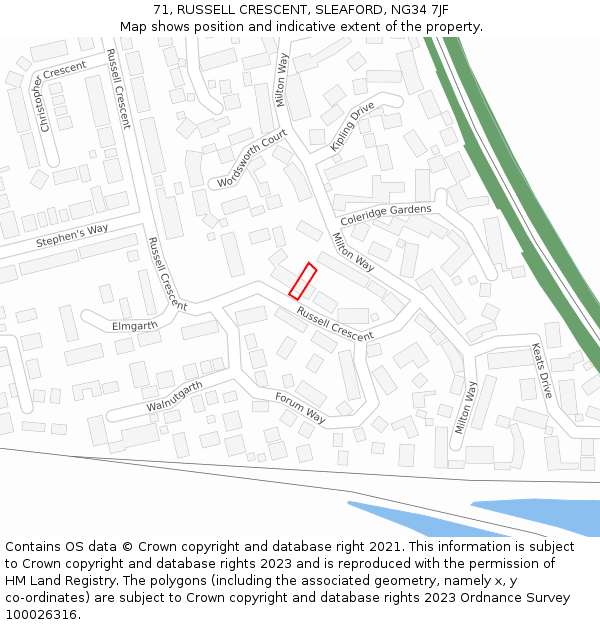 71, RUSSELL CRESCENT, SLEAFORD, NG34 7JF: Location map and indicative extent of plot