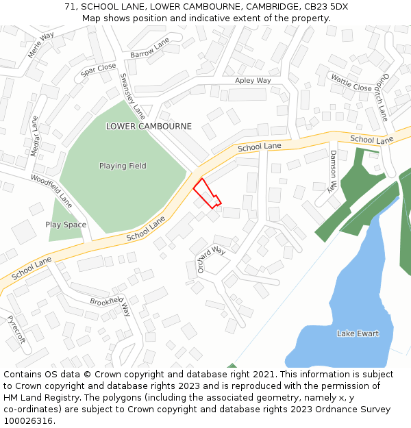 71, SCHOOL LANE, LOWER CAMBOURNE, CAMBRIDGE, CB23 5DX: Location map and indicative extent of plot