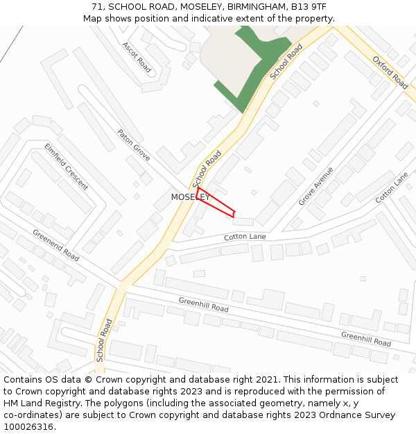 71, SCHOOL ROAD, MOSELEY, BIRMINGHAM, B13 9TF: Location map and indicative extent of plot