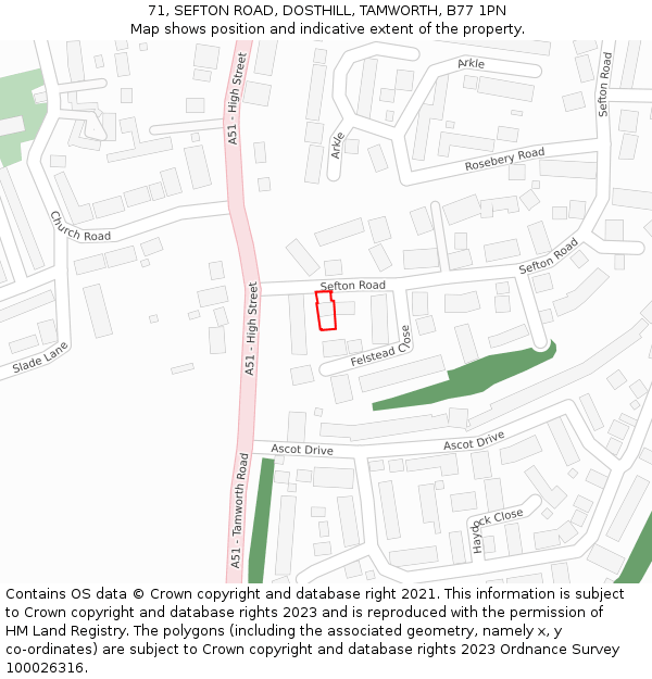 71, SEFTON ROAD, DOSTHILL, TAMWORTH, B77 1PN: Location map and indicative extent of plot