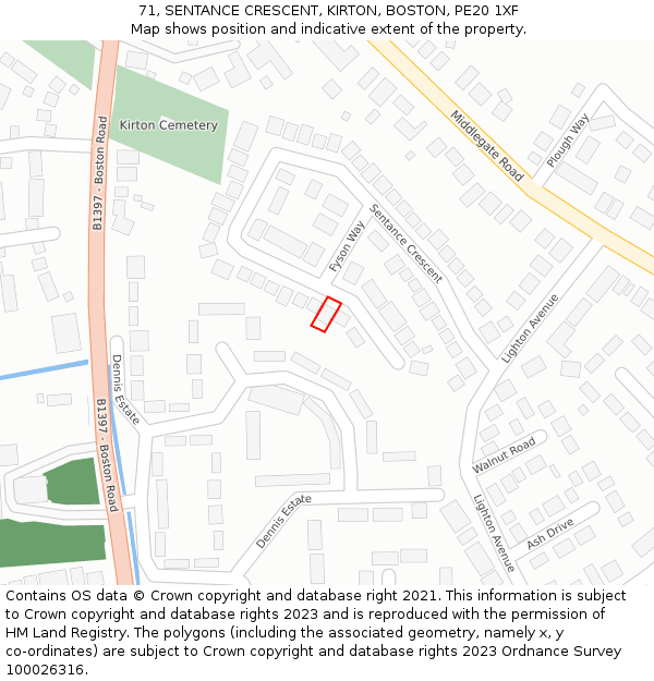 71, SENTANCE CRESCENT, KIRTON, BOSTON, PE20 1XF: Location map and indicative extent of plot