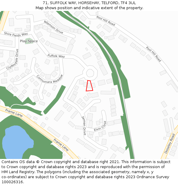 71, SUFFOLK WAY, HORSEHAY, TELFORD, TF4 3UL: Location map and indicative extent of plot