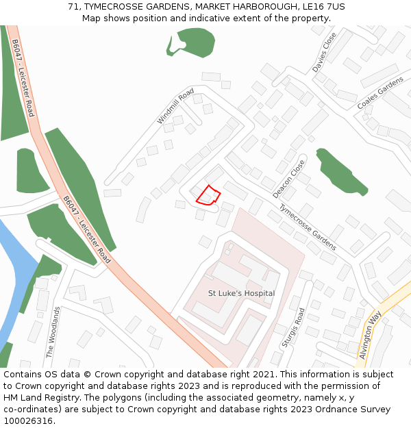 71, TYMECROSSE GARDENS, MARKET HARBOROUGH, LE16 7US: Location map and indicative extent of plot