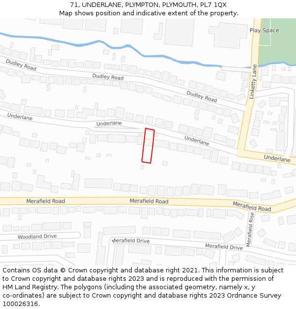 71, UNDERLANE, PLYMPTON, PLYMOUTH, PL7 1QX: Location map and indicative extent of plot