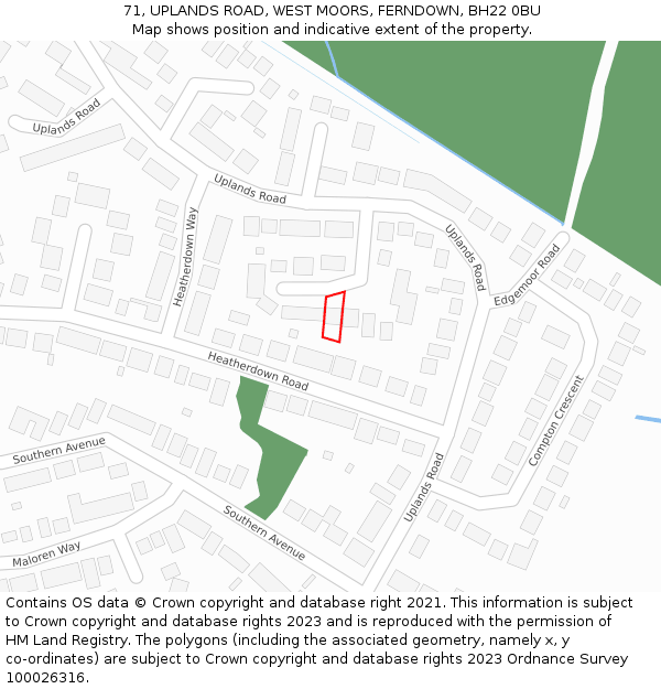 71, UPLANDS ROAD, WEST MOORS, FERNDOWN, BH22 0BU: Location map and indicative extent of plot