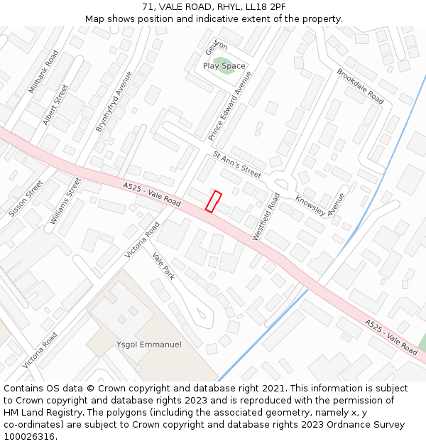 71, VALE ROAD, RHYL, LL18 2PF: Location map and indicative extent of plot