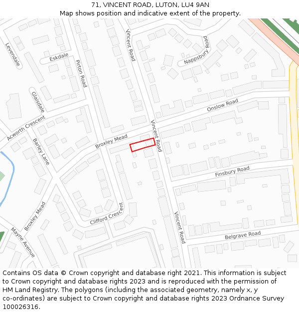 71, VINCENT ROAD, LUTON, LU4 9AN: Location map and indicative extent of plot