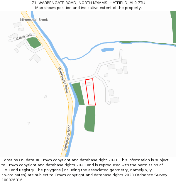 71, WARRENGATE ROAD, NORTH MYMMS, HATFIELD, AL9 7TU: Location map and indicative extent of plot