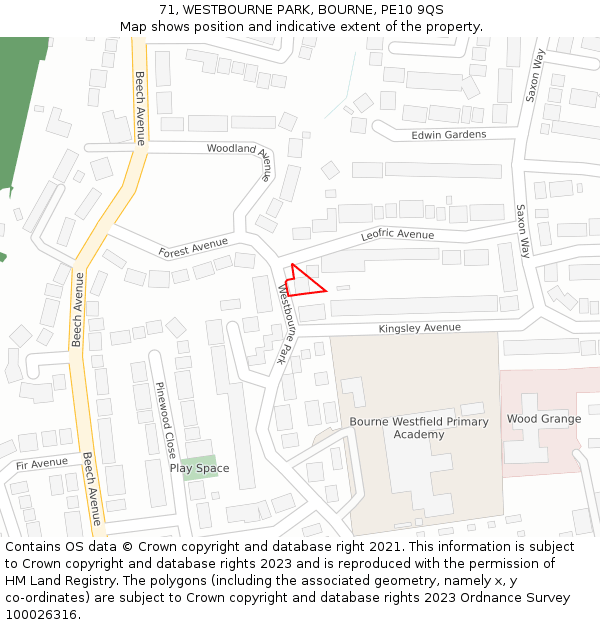 71, WESTBOURNE PARK, BOURNE, PE10 9QS: Location map and indicative extent of plot