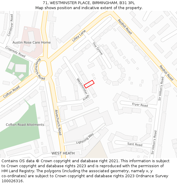 71, WESTMINSTER PLACE, BIRMINGHAM, B31 3PL: Location map and indicative extent of plot