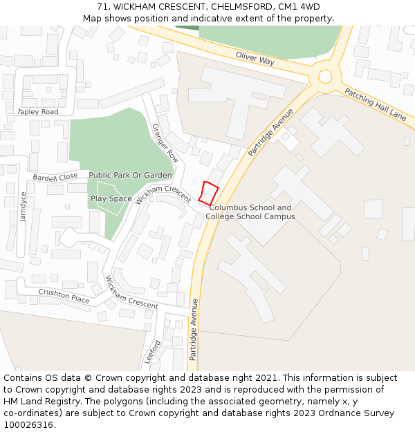 71, WICKHAM CRESCENT, CHELMSFORD, CM1 4WD: Location map and indicative extent of plot