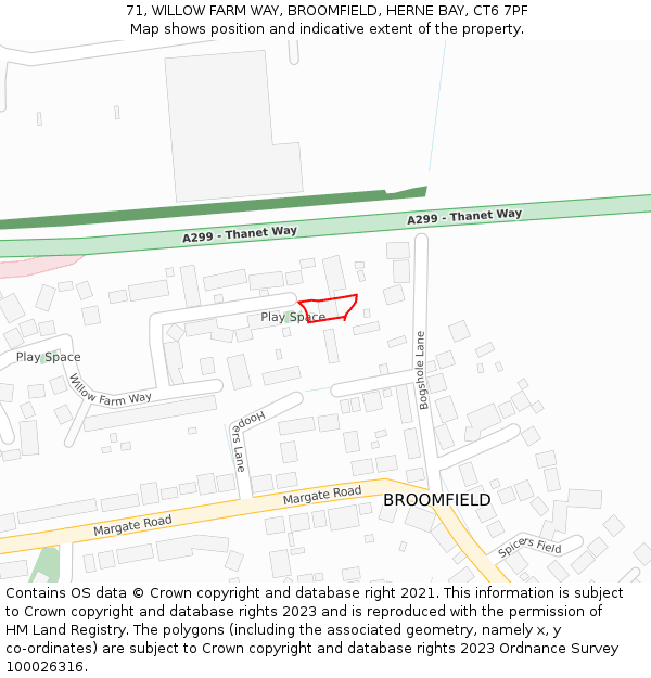 71, WILLOW FARM WAY, BROOMFIELD, HERNE BAY, CT6 7PF: Location map and indicative extent of plot