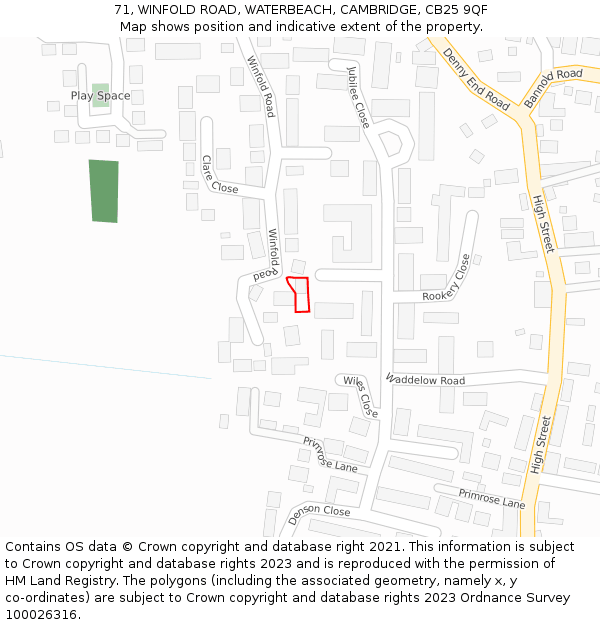 71, WINFOLD ROAD, WATERBEACH, CAMBRIDGE, CB25 9QF: Location map and indicative extent of plot