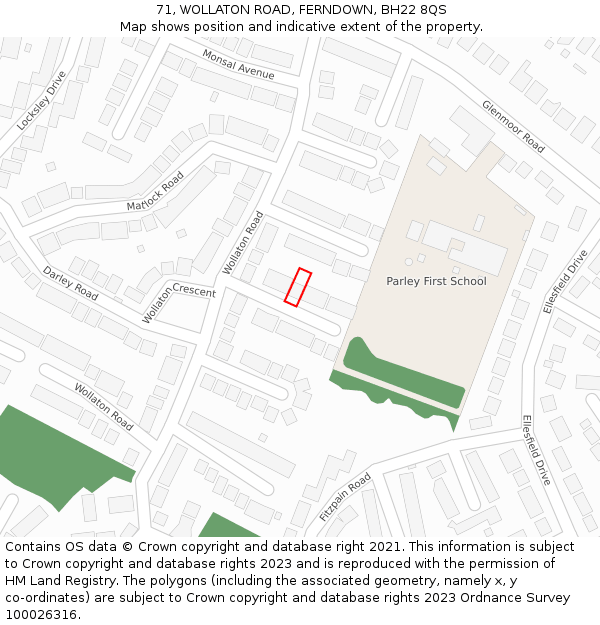 71, WOLLATON ROAD, FERNDOWN, BH22 8QS: Location map and indicative extent of plot