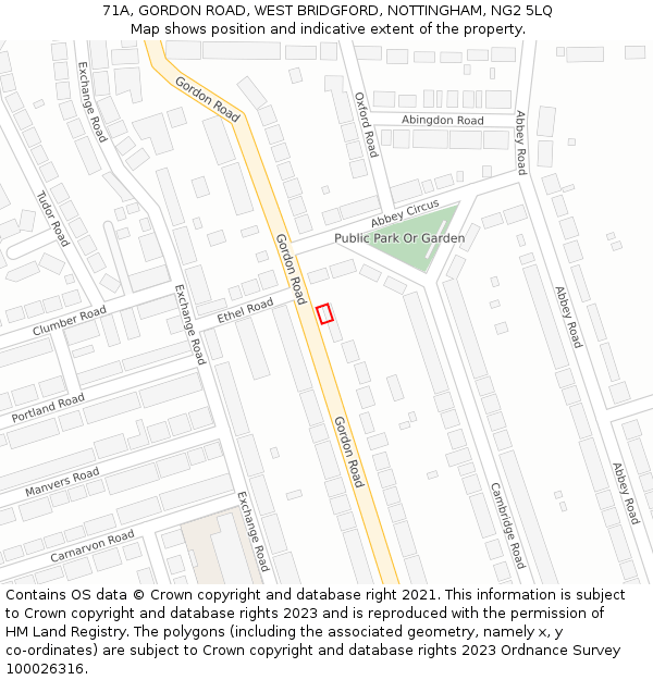 71A, GORDON ROAD, WEST BRIDGFORD, NOTTINGHAM, NG2 5LQ: Location map and indicative extent of plot