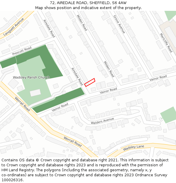 72, AIREDALE ROAD, SHEFFIELD, S6 4AW: Location map and indicative extent of plot