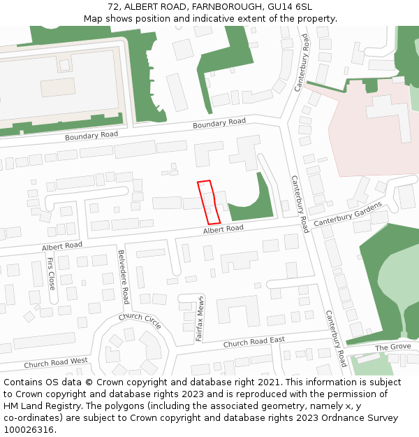 72, ALBERT ROAD, FARNBOROUGH, GU14 6SL: Location map and indicative extent of plot