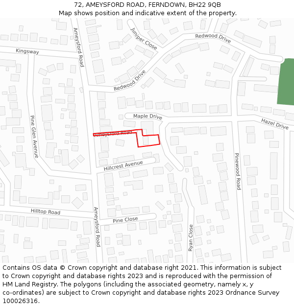 72, AMEYSFORD ROAD, FERNDOWN, BH22 9QB: Location map and indicative extent of plot