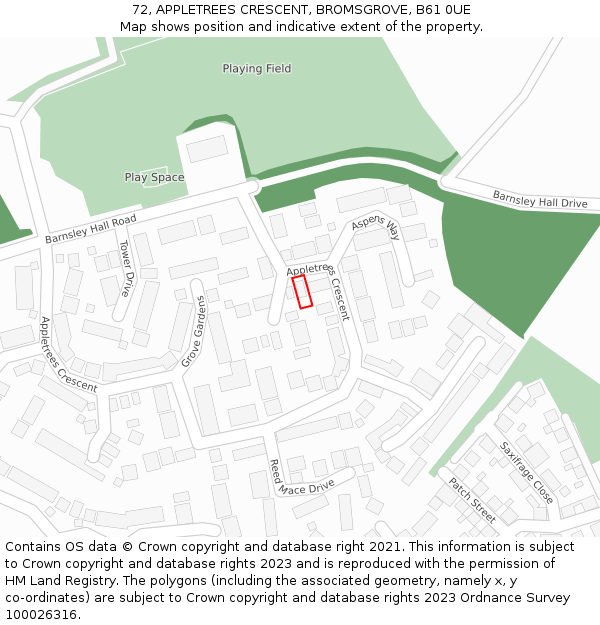 72, APPLETREES CRESCENT, BROMSGROVE, B61 0UE: Location map and indicative extent of plot