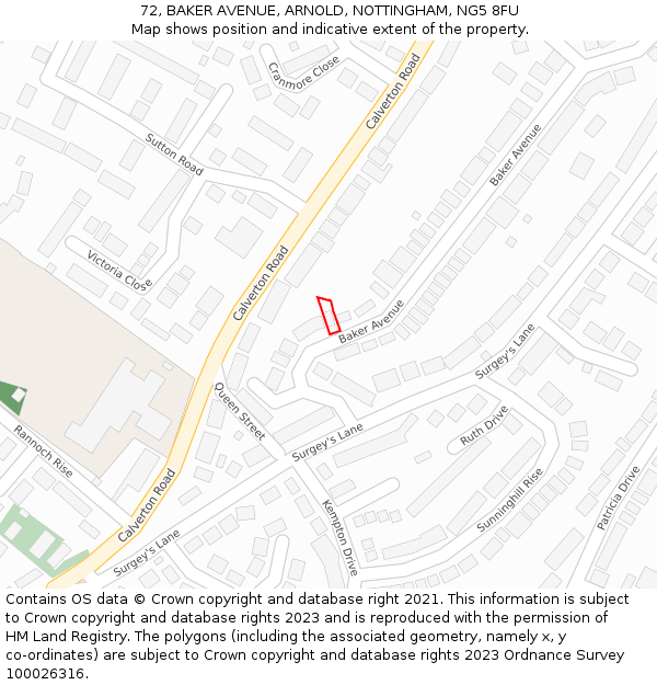 72, BAKER AVENUE, ARNOLD, NOTTINGHAM, NG5 8FU: Location map and indicative extent of plot