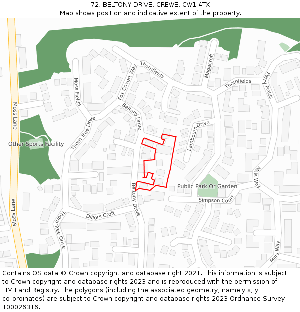 72, BELTONY DRIVE, CREWE, CW1 4TX: Location map and indicative extent of plot