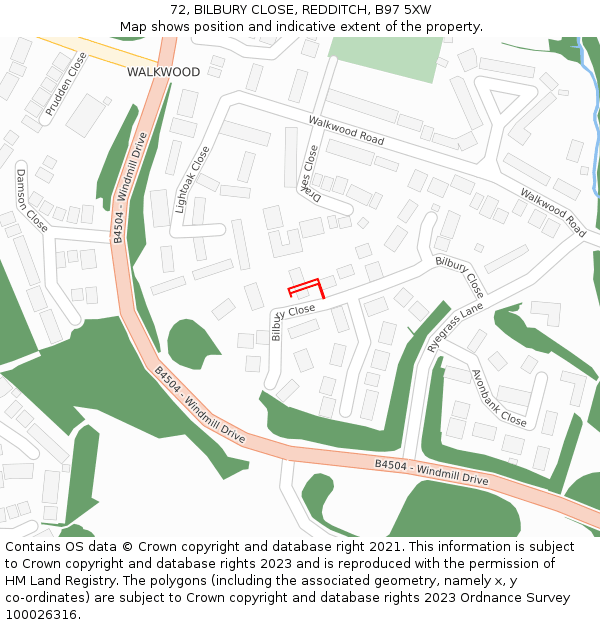 72, BILBURY CLOSE, REDDITCH, B97 5XW: Location map and indicative extent of plot