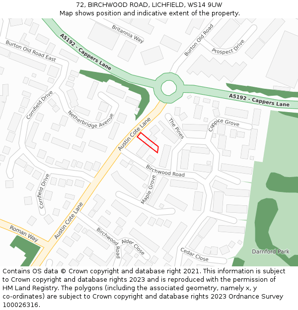 72, BIRCHWOOD ROAD, LICHFIELD, WS14 9UW: Location map and indicative extent of plot