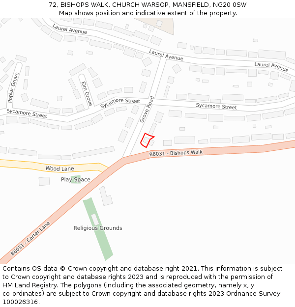 72, BISHOPS WALK, CHURCH WARSOP, MANSFIELD, NG20 0SW: Location map and indicative extent of plot