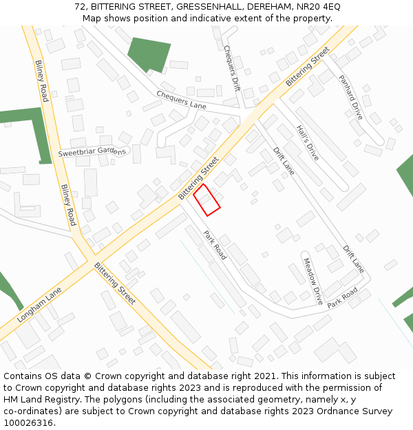 72, BITTERING STREET, GRESSENHALL, DEREHAM, NR20 4EQ: Location map and indicative extent of plot