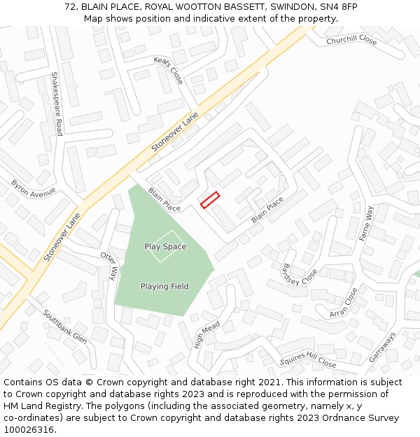 72, BLAIN PLACE, ROYAL WOOTTON BASSETT, SWINDON, SN4 8FP: Location map and indicative extent of plot
