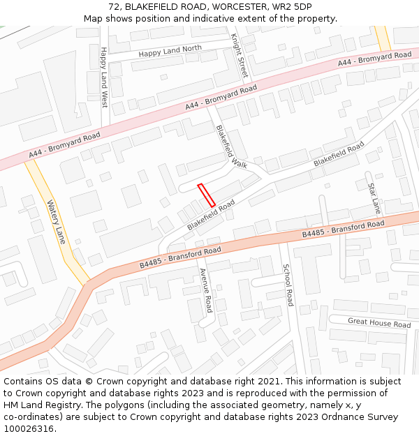 72, BLAKEFIELD ROAD, WORCESTER, WR2 5DP: Location map and indicative extent of plot