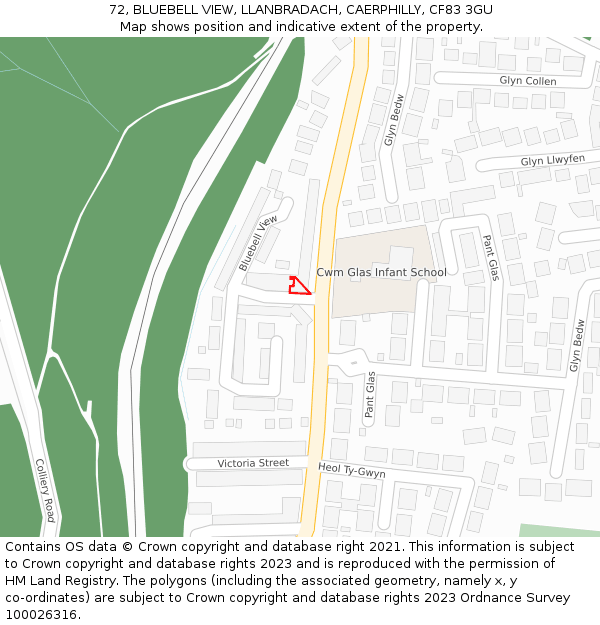 72, BLUEBELL VIEW, LLANBRADACH, CAERPHILLY, CF83 3GU: Location map and indicative extent of plot