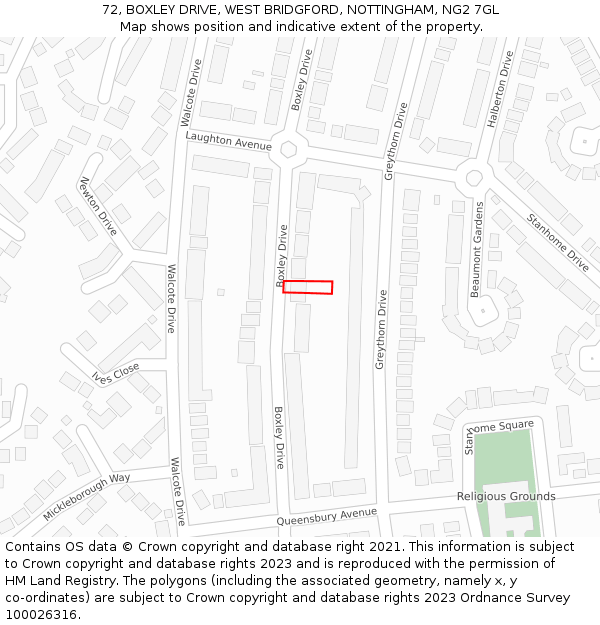 72, BOXLEY DRIVE, WEST BRIDGFORD, NOTTINGHAM, NG2 7GL: Location map and indicative extent of plot