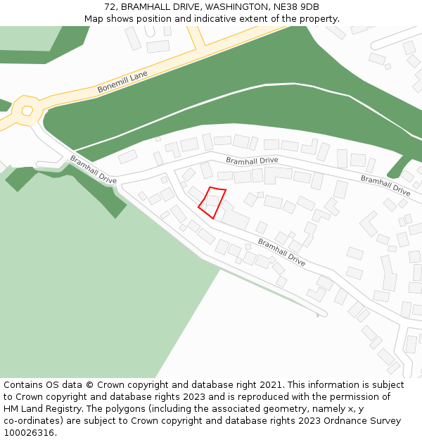 72, BRAMHALL DRIVE, WASHINGTON, NE38 9DB: Location map and indicative extent of plot