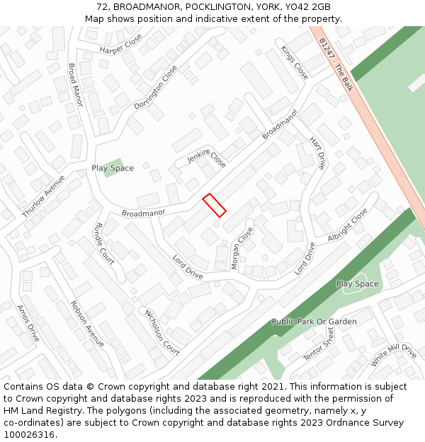 72, BROADMANOR, POCKLINGTON, YORK, YO42 2GB: Location map and indicative extent of plot