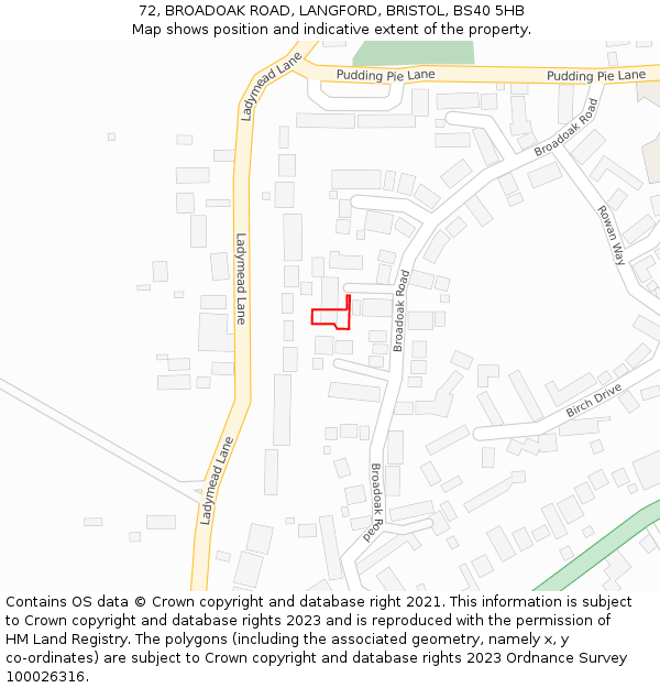 72, BROADOAK ROAD, LANGFORD, BRISTOL, BS40 5HB: Location map and indicative extent of plot