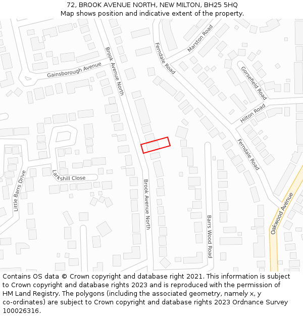 72, BROOK AVENUE NORTH, NEW MILTON, BH25 5HQ: Location map and indicative extent of plot