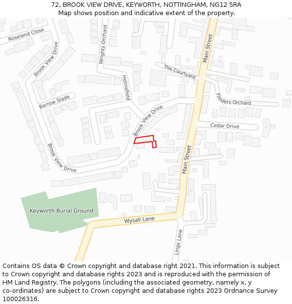 72, BROOK VIEW DRIVE, KEYWORTH, NOTTINGHAM, NG12 5RA: Location map and indicative extent of plot