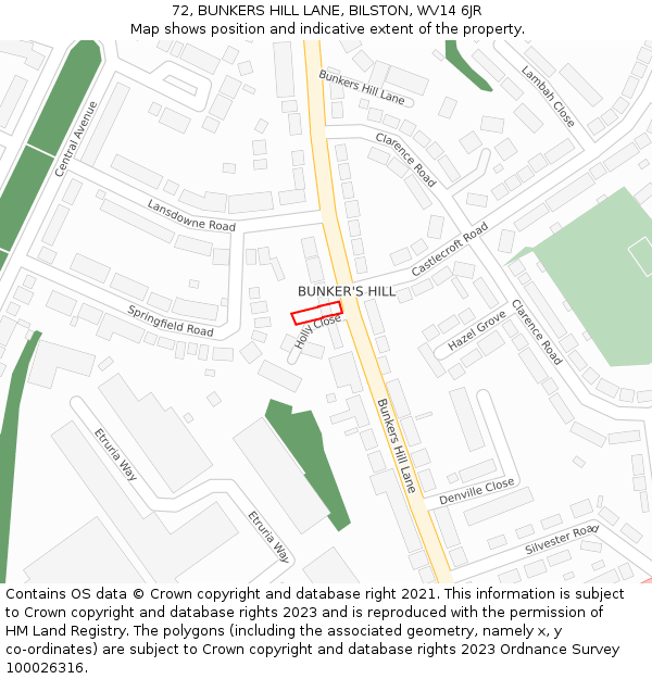 72, BUNKERS HILL LANE, BILSTON, WV14 6JR: Location map and indicative extent of plot