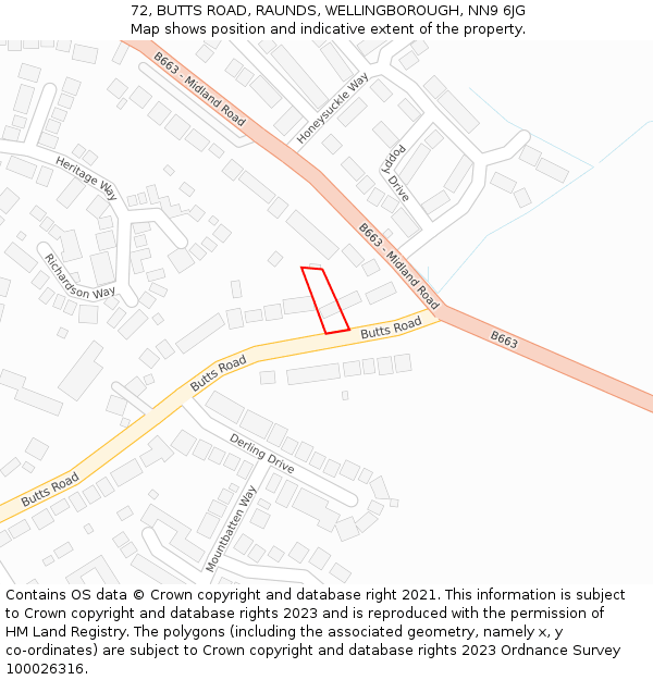 72, BUTTS ROAD, RAUNDS, WELLINGBOROUGH, NN9 6JG: Location map and indicative extent of plot