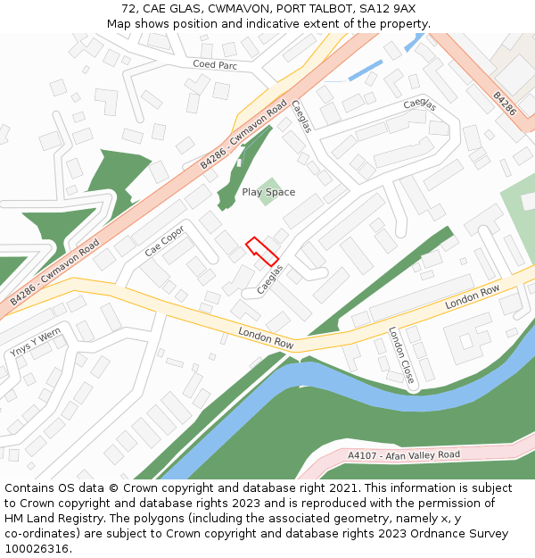 72, CAE GLAS, CWMAVON, PORT TALBOT, SA12 9AX: Location map and indicative extent of plot