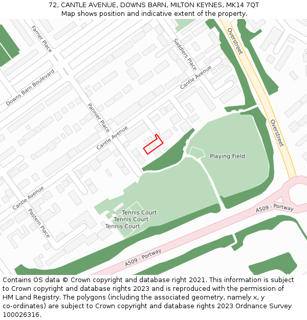 72, CANTLE AVENUE, DOWNS BARN, MILTON KEYNES, MK14 7QT: Location map and indicative extent of plot