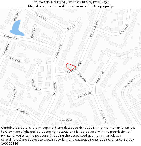 72, CARDINALS DRIVE, BOGNOR REGIS, PO21 4QG: Location map and indicative extent of plot