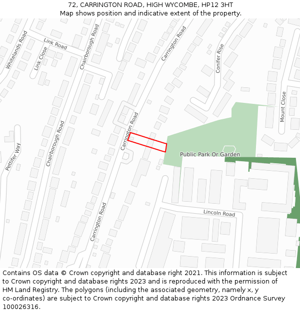 72, CARRINGTON ROAD, HIGH WYCOMBE, HP12 3HT: Location map and indicative extent of plot