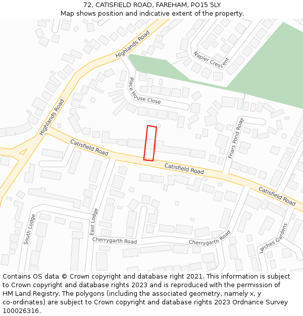 72, CATISFIELD ROAD, FAREHAM, PO15 5LY: Location map and indicative extent of plot