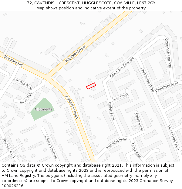 72, CAVENDISH CRESCENT, HUGGLESCOTE, COALVILLE, LE67 2GY: Location map and indicative extent of plot