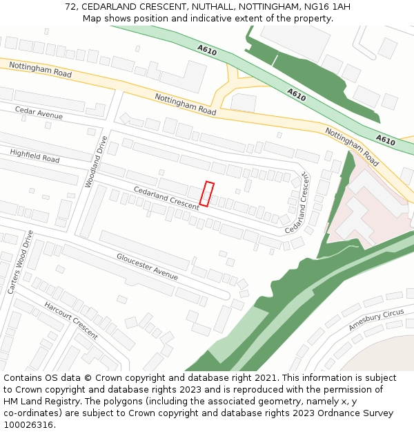 72, CEDARLAND CRESCENT, NUTHALL, NOTTINGHAM, NG16 1AH: Location map and indicative extent of plot