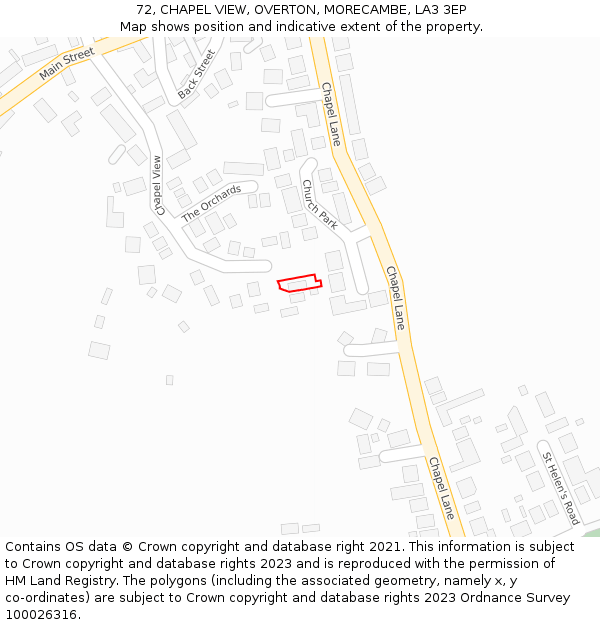 72, CHAPEL VIEW, OVERTON, MORECAMBE, LA3 3EP: Location map and indicative extent of plot